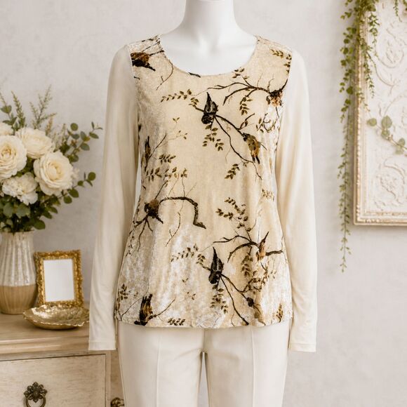 Delatta Tops - Delatta Anthropologie Bird Print Burnout Velvet Top XS Cream Botanical Long Slee